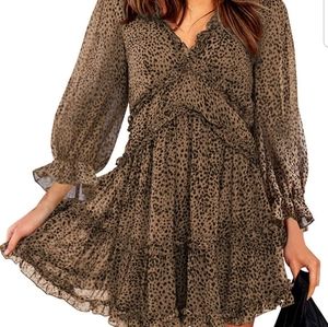 Leopard Print Long+Sleeve Ruffle Dress